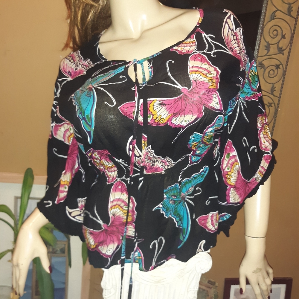 Butterfly Batwing Boho Top Black Banded Waist S